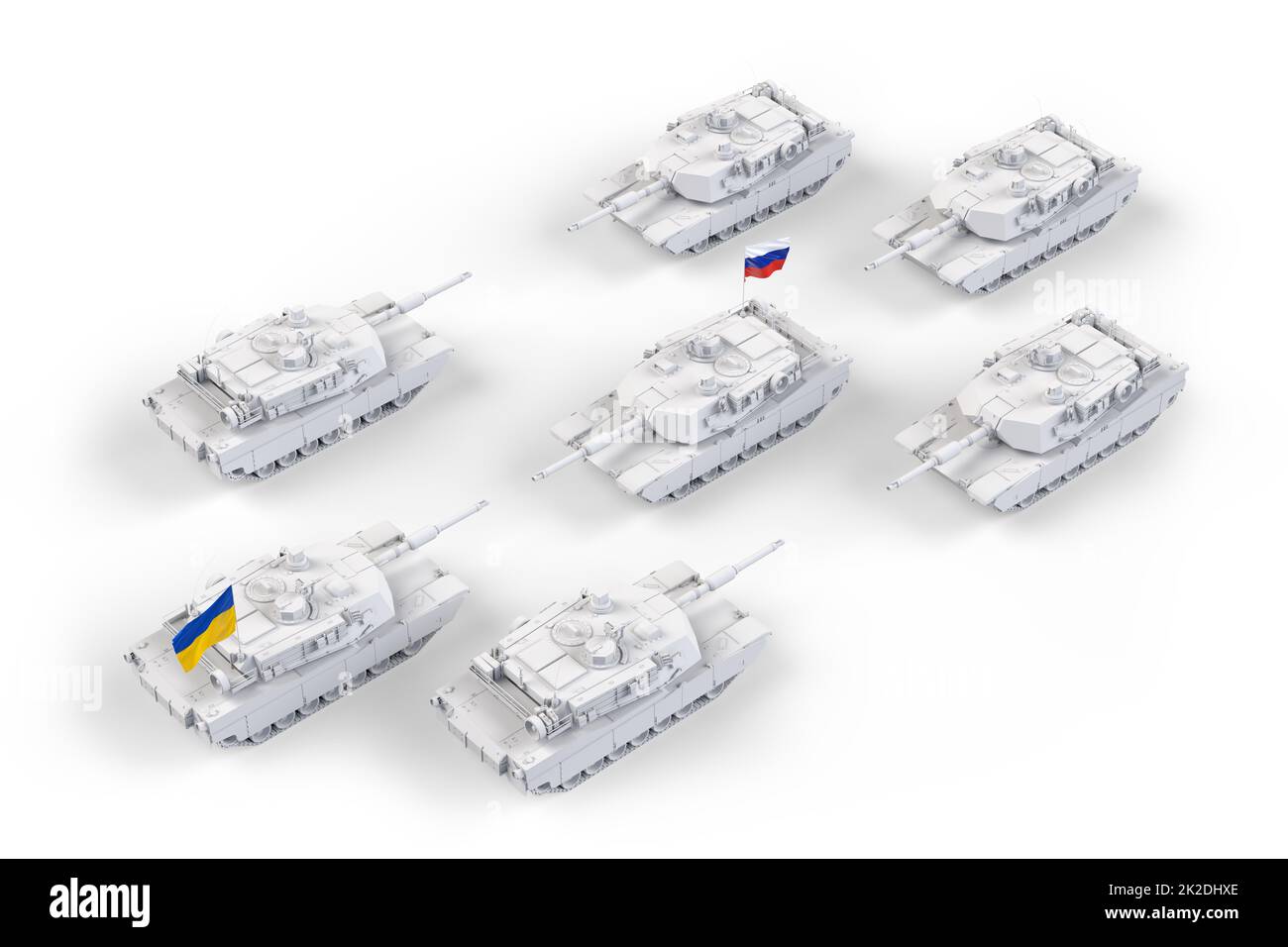 Tanks russes contre Ukrainien. Conflit d'agression militaire. 3D rendu Banque D'Images