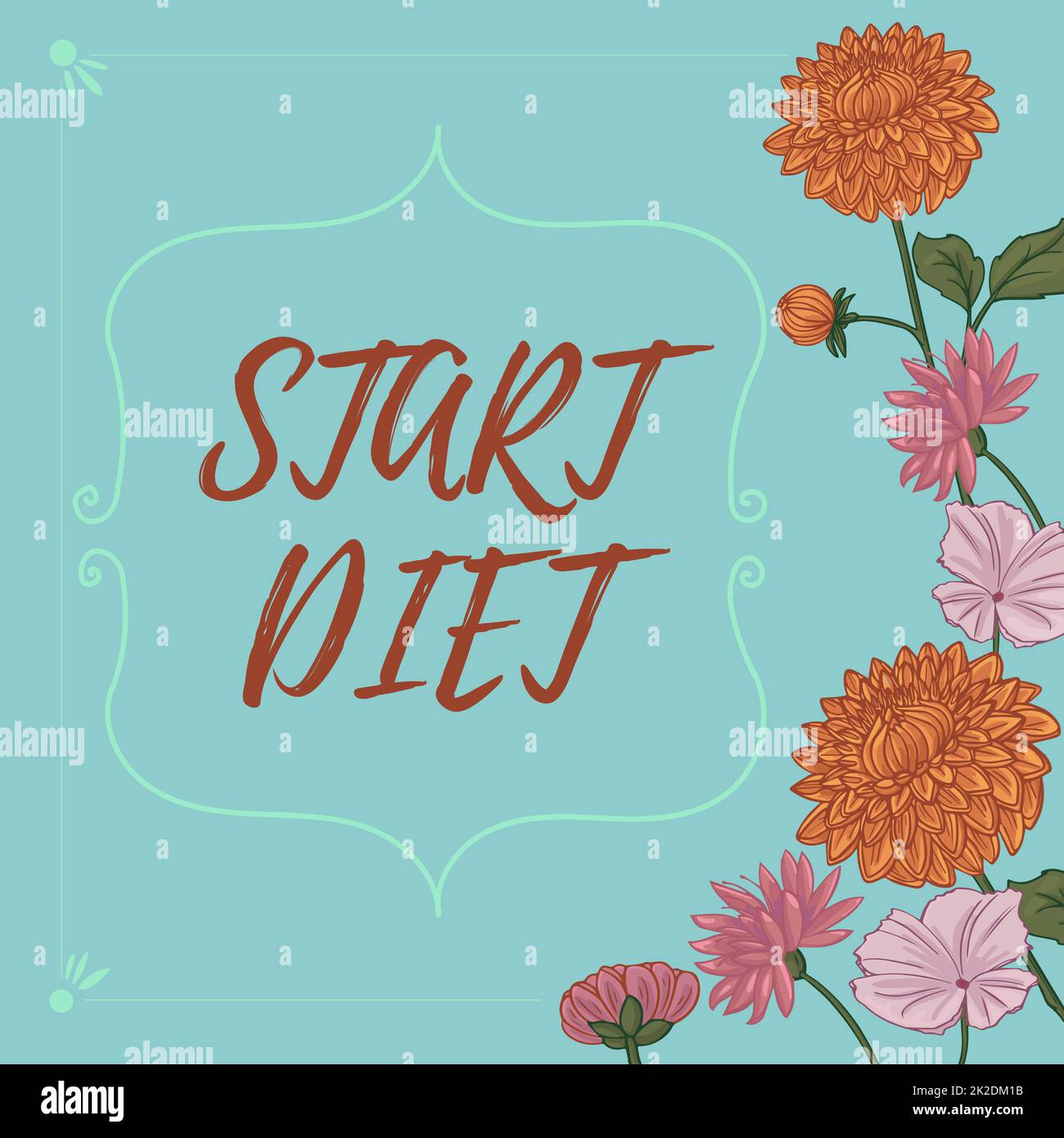 Légende de texte présentant Start Diet. Photo conceptuelle plat spécial nourriture à laquelle personne se limite cadre de texte entouré de fleurs assorties coeurs et feuilles Banque D'Images