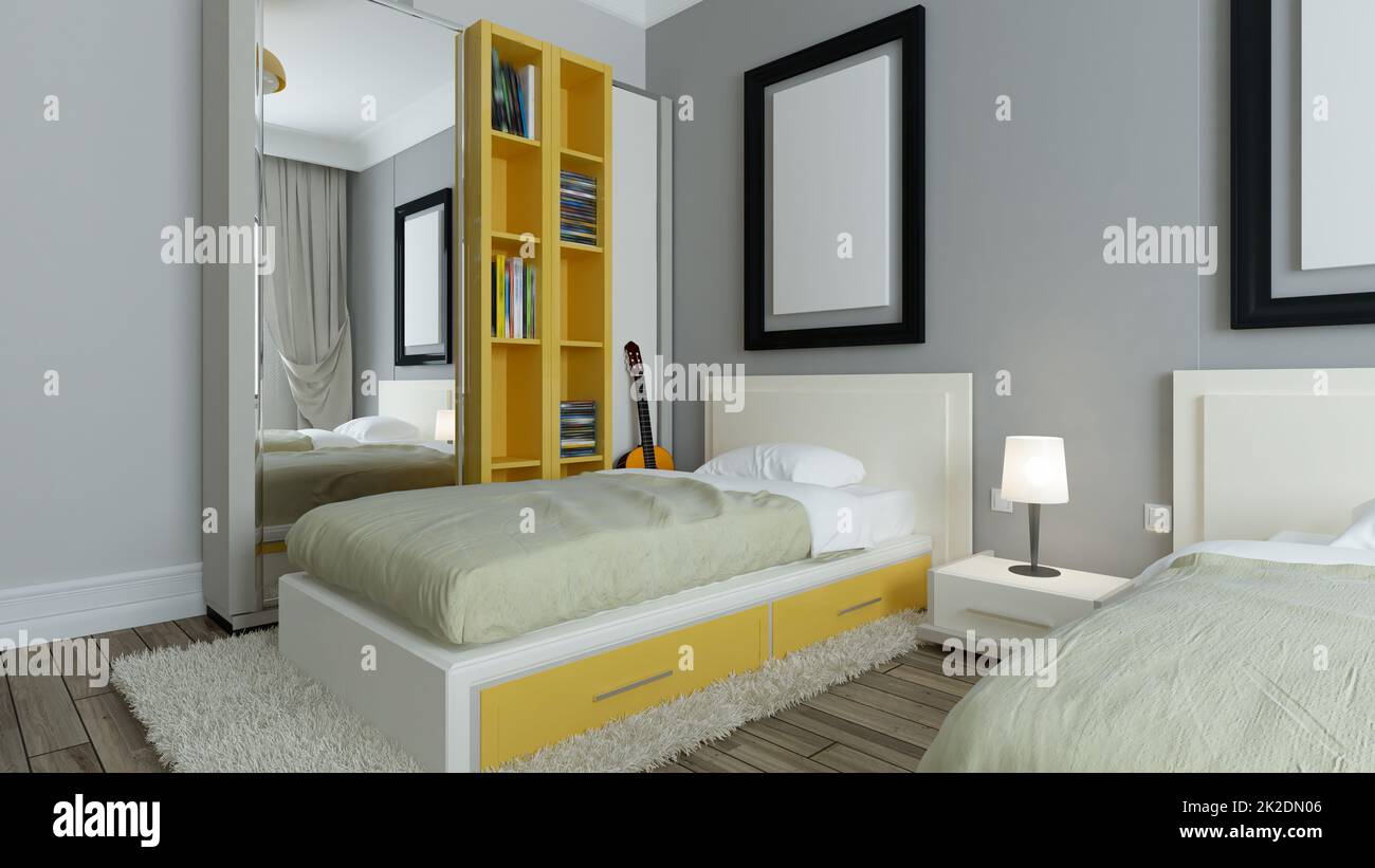 Chambre moderne, murs gris, bibliothèque jaune, lits jumeaux avec cadre photo design intérieur 3D rendu Banque D'Images