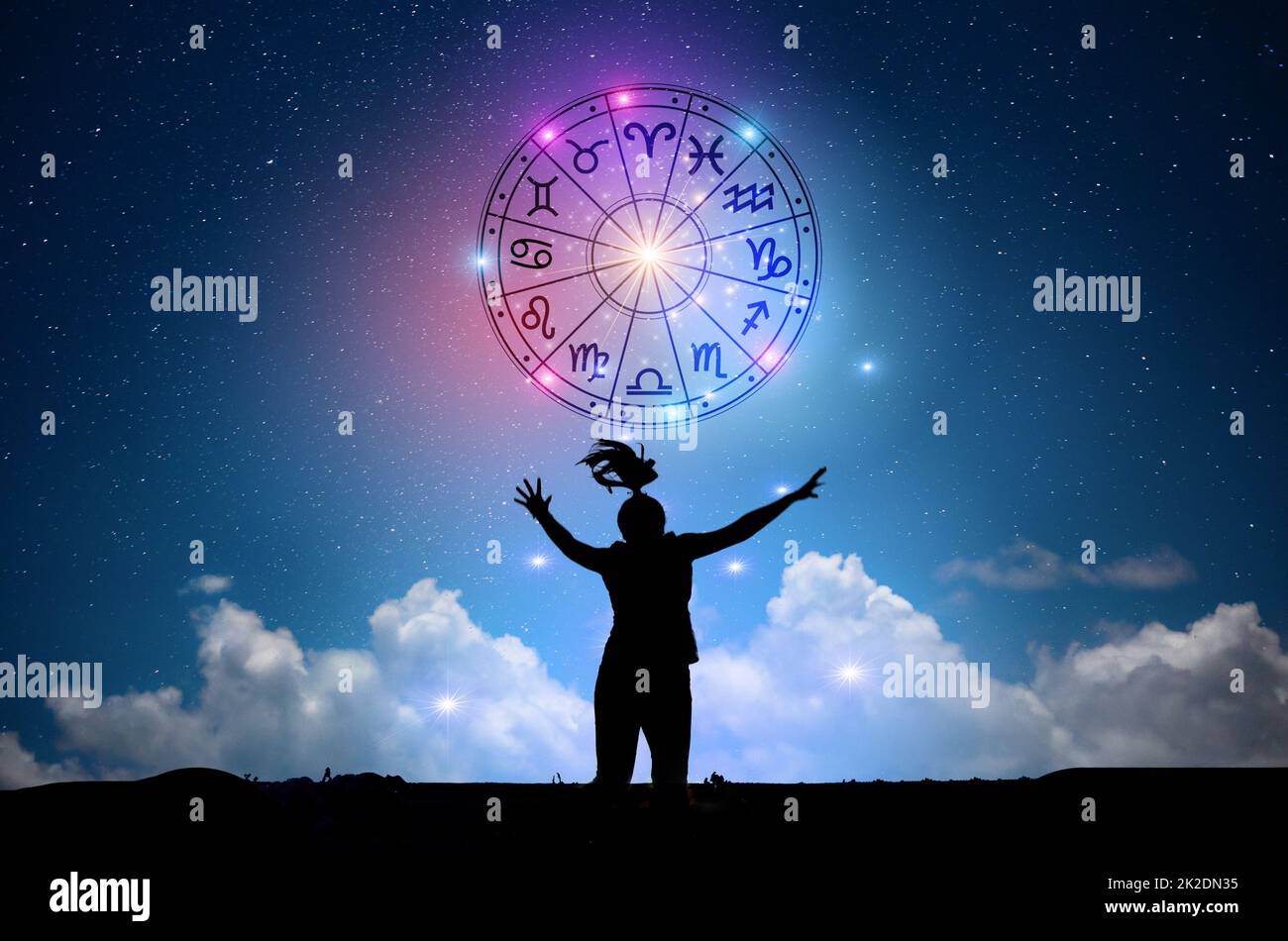 Les signes du zodiaque à l'intérieur du cercle de l'horoscope. L'astrologie dans le ciel avec beaucoup d'étoiles et de lunes et les horoscopes astrologie concept Banque D'Images