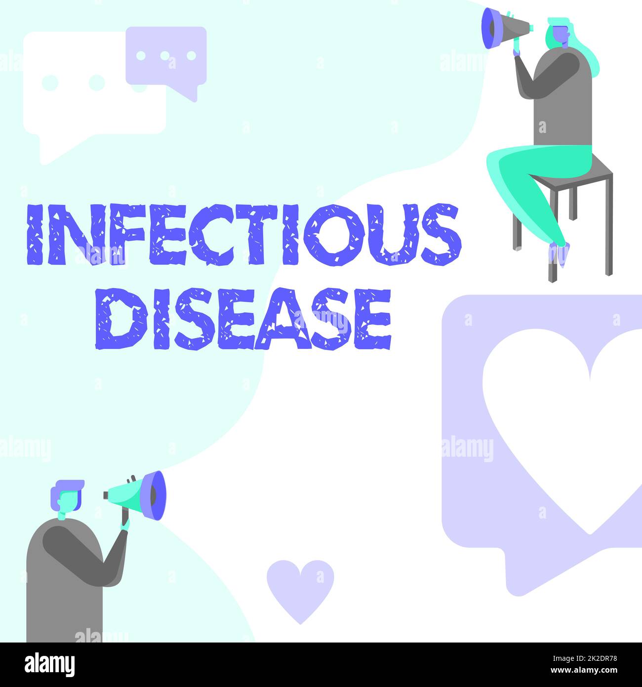 Texte d'écriture maladie infectieuse. Concept Internet causé par un micro-organisme pathogène, tel que des virus, etc Homme debout et femme assis tenant à la fois Megaphone avec symbole de message. Banque D'Images