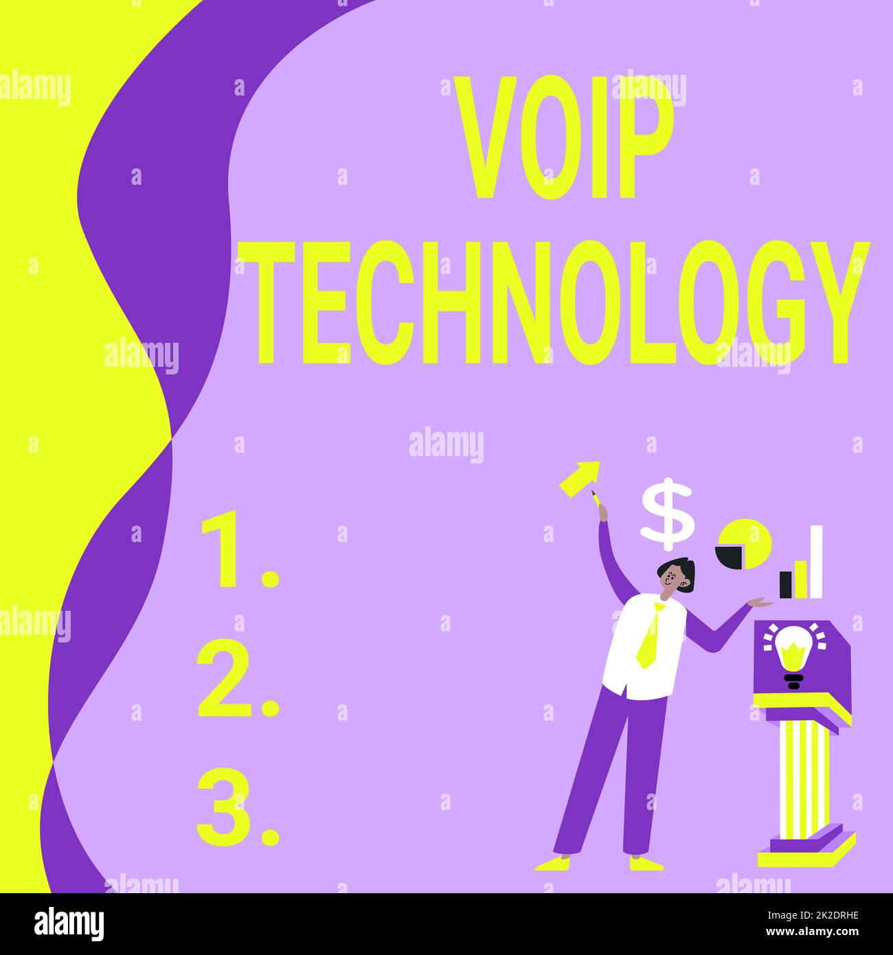 Technologie VoIP d'écriture de texte. Approche commerciale VoIP Technology Manstanding seul présentant des graphiques et de nouvelles idées financières avec Podium. Banque D'Images