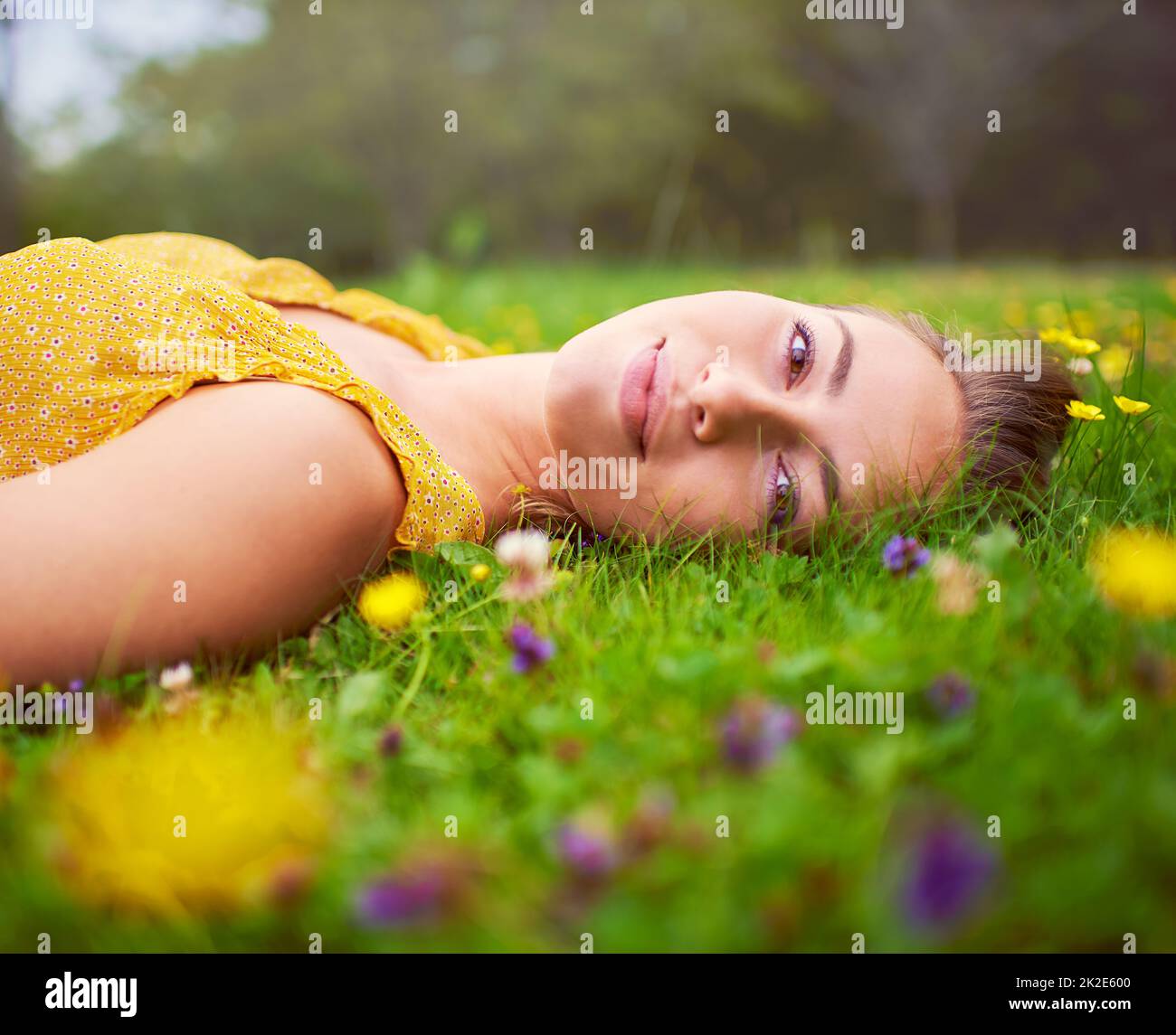 J'ai trouvé mon bonheur dans un champ plein de fleurs. Portrait d'une jeune femme couché dans un champ d'herbe et de fleurs. Banque D'Images