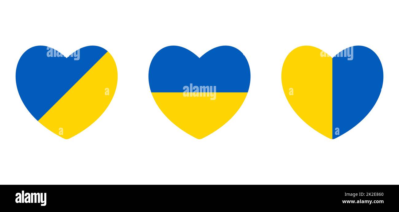 Drapeau ukrainien en forme de coeur isolé sur blanc. Save Ukraine concept. Vecteur ukrainien symbole, icône, bouton. Trois coeurs dans différentes variations de couleurs du drapeau ukrainien national. Banque D'Images