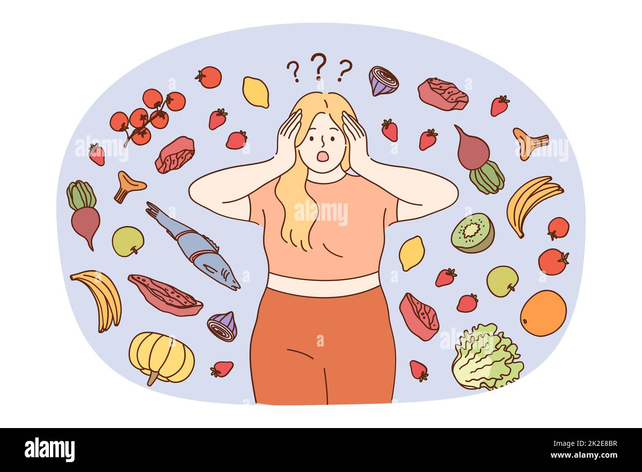 Femme grasse choquée par des aliments et des produits sains Banque D'Images