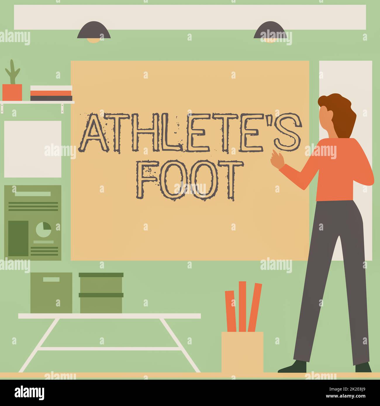 Légende conceptuelle Athlete S is foot. Mot pour un champignon infection du pied marqué par des cloques Businesswoman décontracté debout présentant des cartes et de nouvelles idées merveilleuses. Banque D'Images
