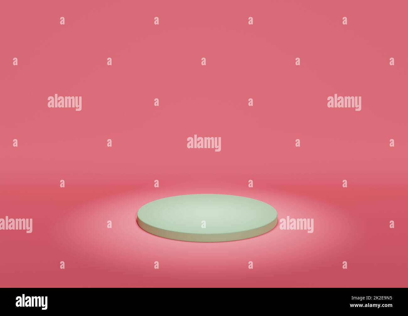 Présentoir de produits ou Podium en composition minimale avec éclairage Spotlight le produit. Arrière-plan rose et lumineux avec rendu de plate-forme cylindre 3D vert pastel Banque D'Images