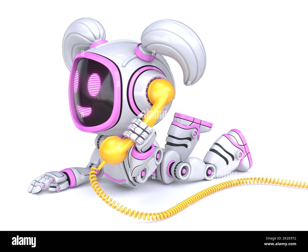 Adorable robot fille rose tenant le téléphone rétro 3D Banque D'Images