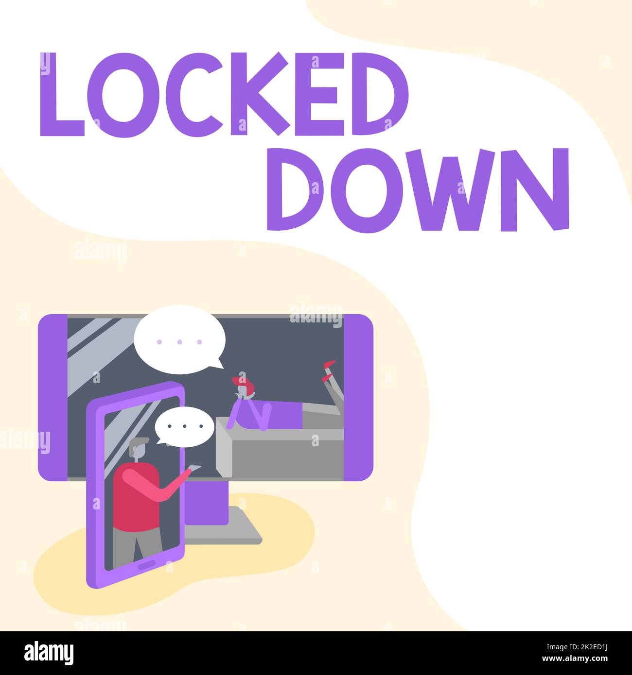 Inspiration montrant l'affiche verrouillée. Photo conceptuelle mesure d'urgence qui montre empêché de zone restreinte deux collègues partager des pensées avec des bulles de parole surgissant des téléphones Banque D'Images