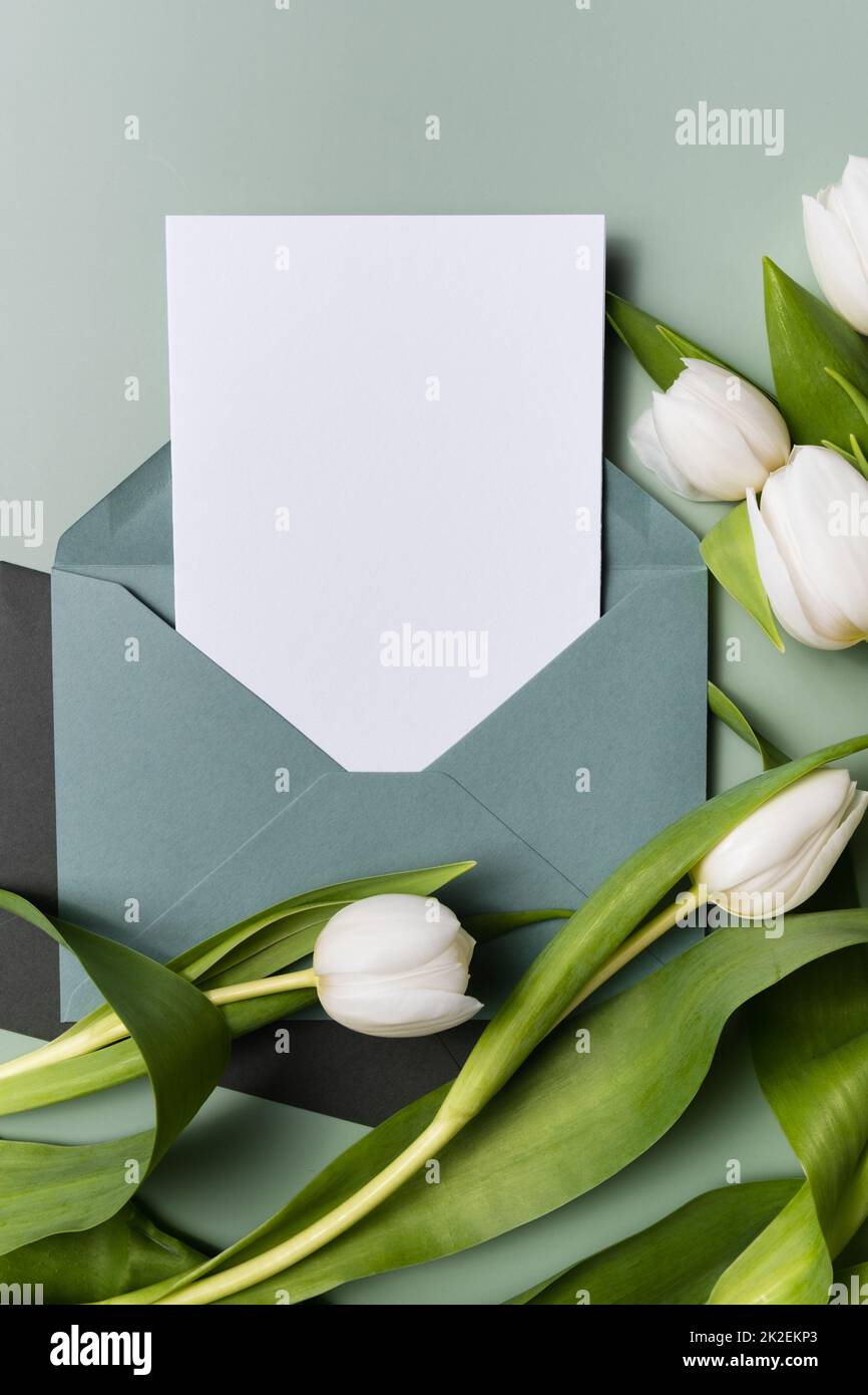 Maquette papier blankin enveloppe invitation ou carte de voeux et tulipes blanches. Banque D'Images Maquette papier blankin enveloppe invitation ou carte de voeux et tulipes blanches. Banque D'Images
