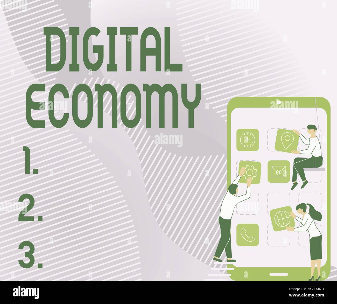 Symbole textuel indiquant Digital Economy. Mot écrit sur le réseau mondial d'activités économiques et de technologies trois collègues portant S Decorating Mobile application. Banque D'Images