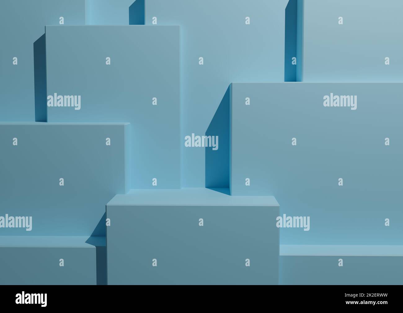 Lumière minimale, pastel, fond bleu 3D Studio Mockup Scene avec Podiums et niveaux pour l'affichage et la présentation du produit. Papier peint architectural géométrique horizontal. Banque D'Images