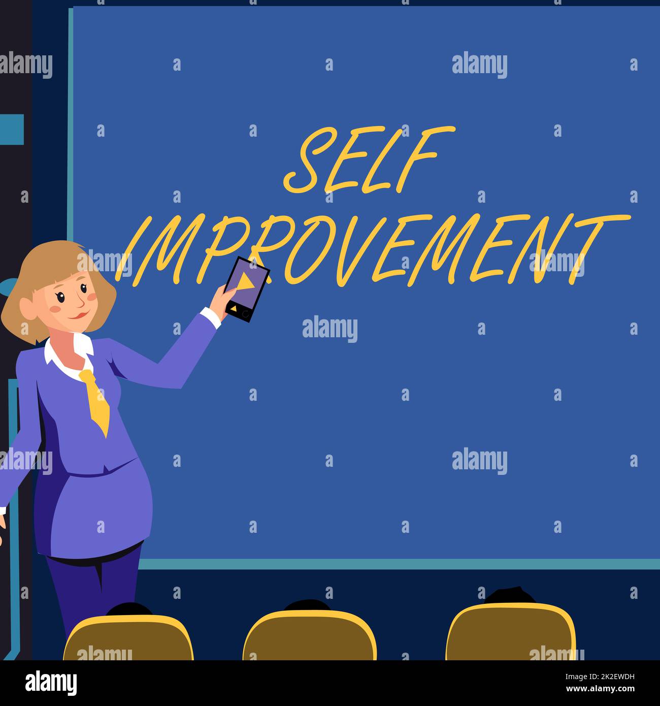 Amélioration de la légende conceptuelle. Internet concept processus de faire de vous une femme meilleure ou plus compétente tenant la télécommande présentant des idées nouvelles sur écran de toile de fond. Banque D'Images