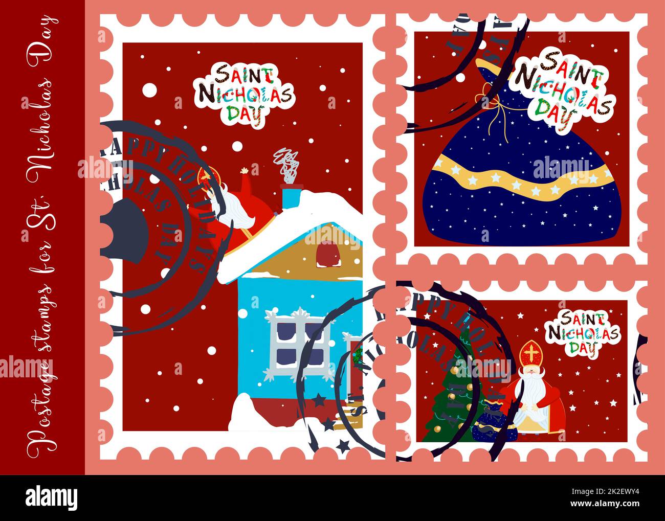 6 décembre. St. Nicolas. Sinterkalaas. Vacances chrétiennes d'hiver pour les enfants. Vacances de Noël. Timbres-poste pour St. Nicholas. Autocollants pour enveloppes. Timbres-poste vectoriels de fête Banque D'Images