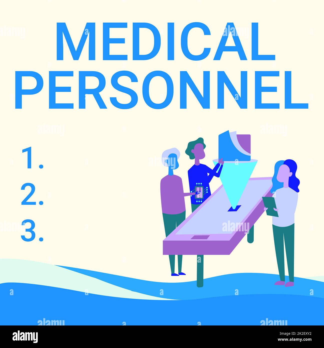 Affiche indiquant le personnel médical. Approche commerciale fournisseur de services de santé de confiance autorisé à traiter les maladies collègues dessin debout à côté du tableau graphique de projection. Banque D'Images