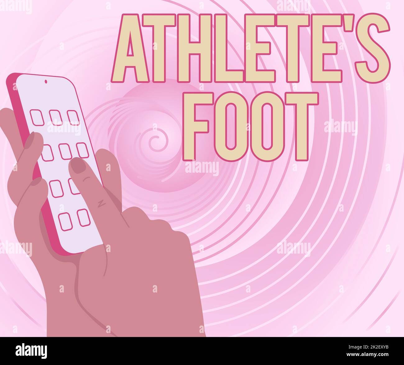 Légende conceptuelle Athlete S is foot. Notion : infection fongique du pied marquée par des cloques mains tenant un dispositif technologique appuyant sur le bouton application. Banque D'Images