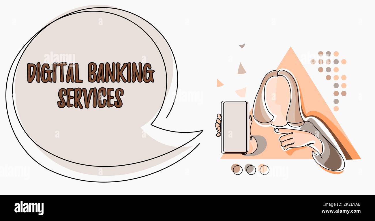 Affiche affichant les Services bancaires numériques. Internet concept numérisation de toutes les activités bancaires démodées ligne de dessin pour Lady Holding téléphone présenter de nouvelles idées avec la bulle de parole. Banque D'Images