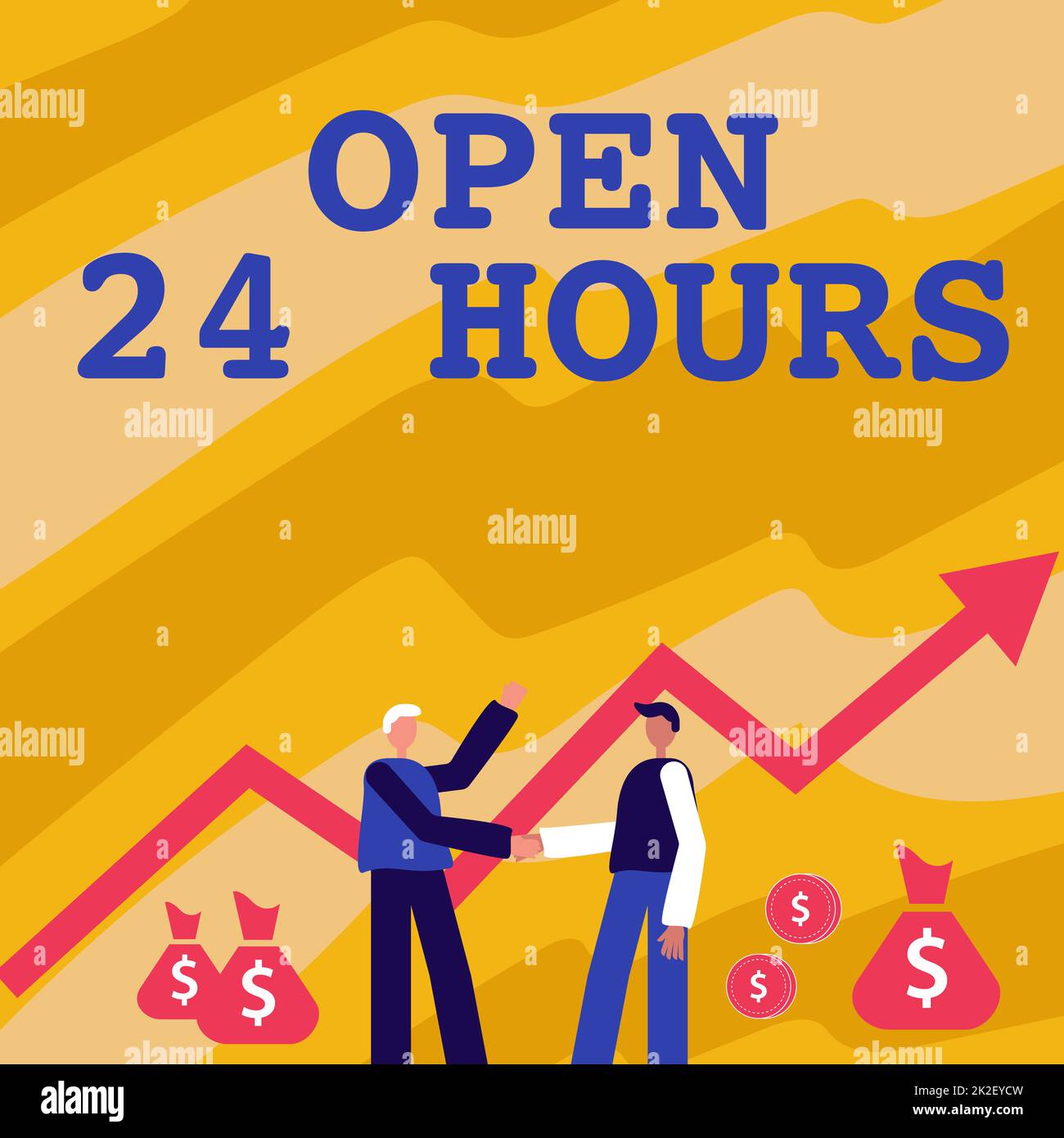 Légende du texte présentant ouvert 24 heures sur 24. Approche d'affaires travailler toute la journée magasin d'affaires quotidien toujours opérer deux hommes debout serrer les mains avec la flèche financière pour la croissance et les sacs d'argent. Banque D'Images