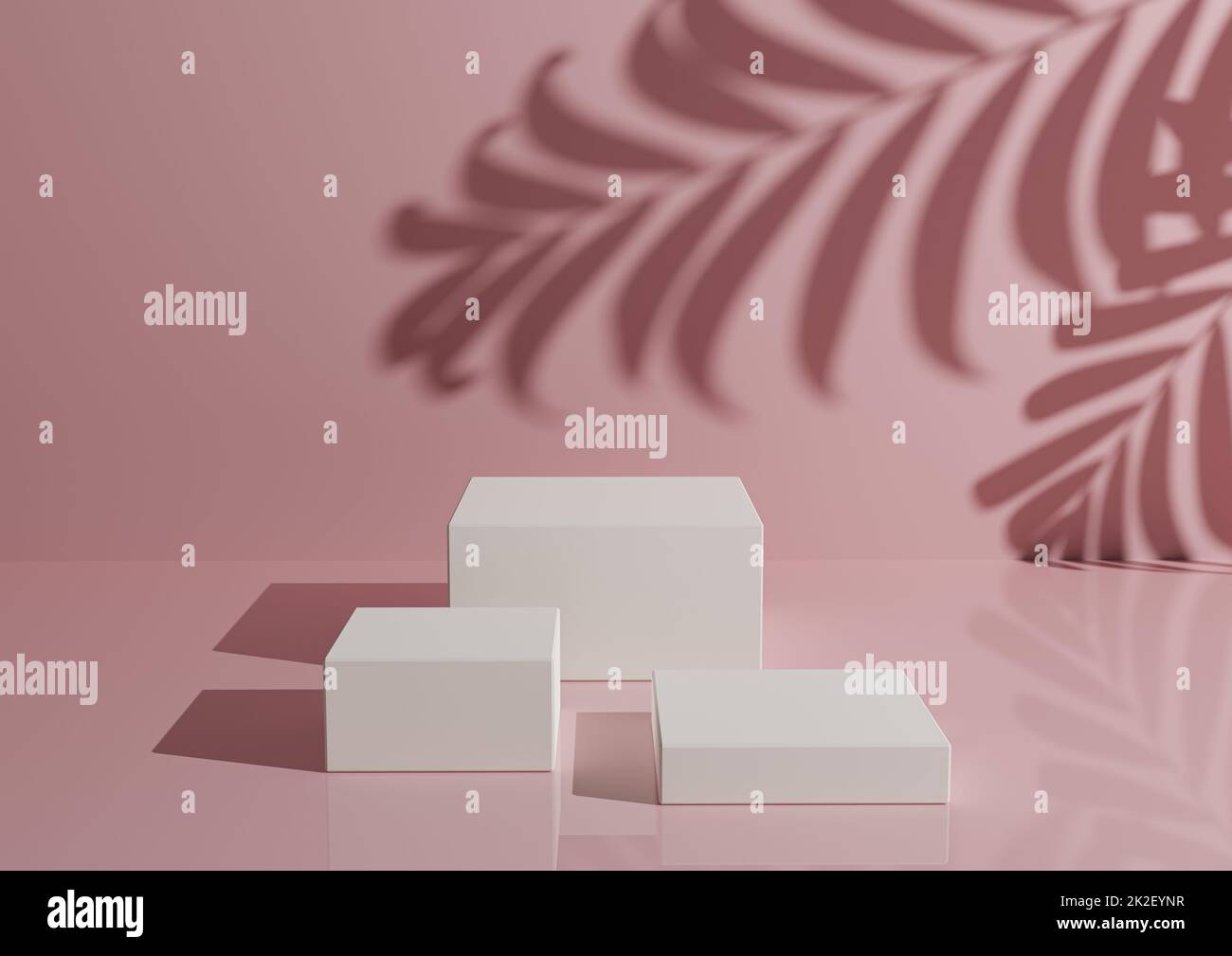 Trois podiums ou supports blancs sur fond rose pastel pour l'affichage du produit. Composition minimaliste pour la photographie de produit 3D rendu maquette. Banque D'Images