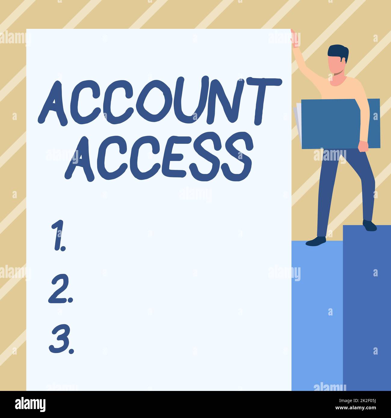 Accès au compte de légende conceptuelle. Idée d'entreprise ayant l'autorisation d'utiliser des données particulières sur un ordinateur homme debout portant un grand ordinateur portable tout en montrant Big Whiteboard. Banque D'Images