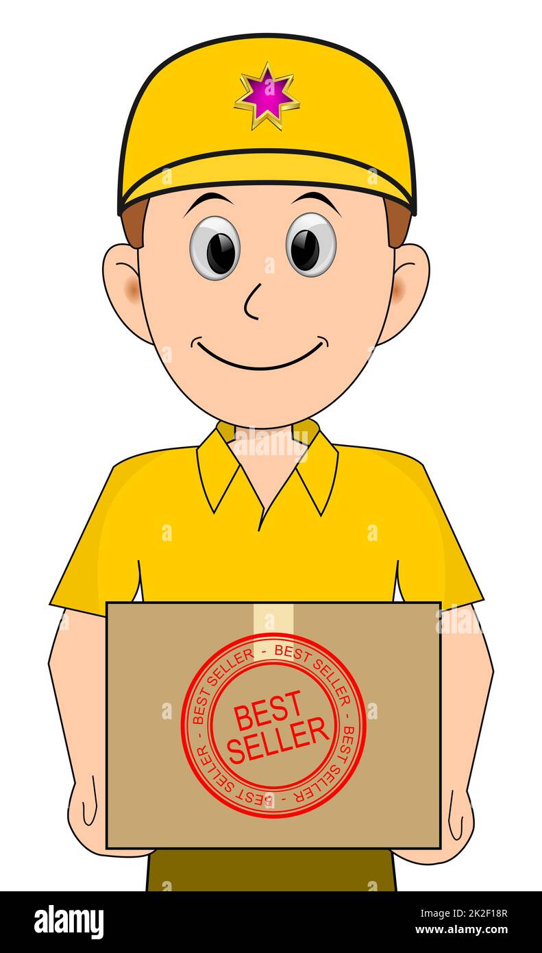 Friendly Courier livrant un colis avec un timbre en caoutchouc BEST-seller - illustration Banque D'Images