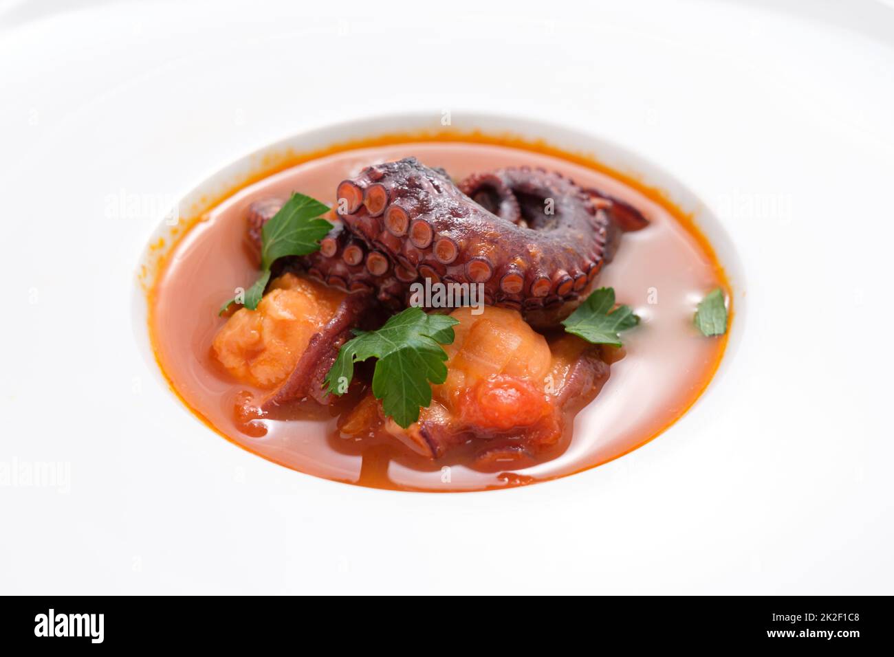 Poulpe braisée dans une soupe de tomates avec persil Banque D'Images