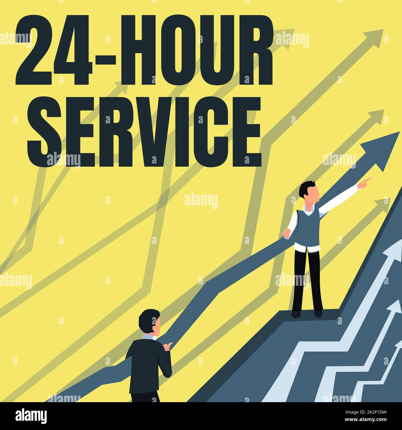 Affiche Service 24 heures. Concept signifie service qui est disponible à tout moment et habituellement chaque jour flèches guider deux hommes d'affaires collaborateurs vers un meilleur plan financier. Banque D'Images