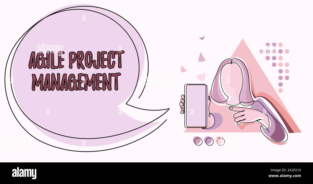 Légende présentant la gestion de projet Agile. Méthodologie de gestion de concept d'Internet de la technologie traditionnelle à la technologie moderne dessin de ligne pour Lady Holding téléphone présentant de nouvelles idées avec la bulle de parole. Banque D'Images