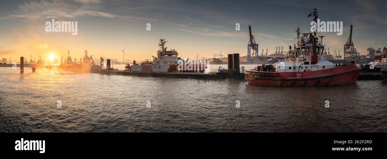 Lever du soleil dans le port de Hambourg à un quai pour les remorqueurs Banque D'Images