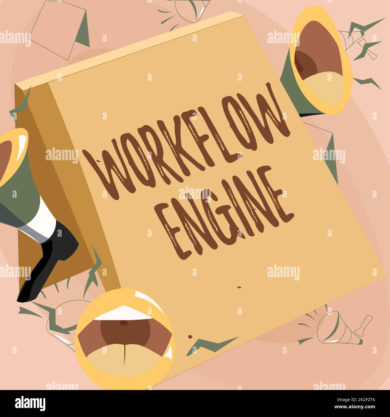 Affiche textuelle indiquant le moteur de workflow. Word for Workflow Engine fait une annonce au public à l'occasion de mégaphones. Banque D'Images