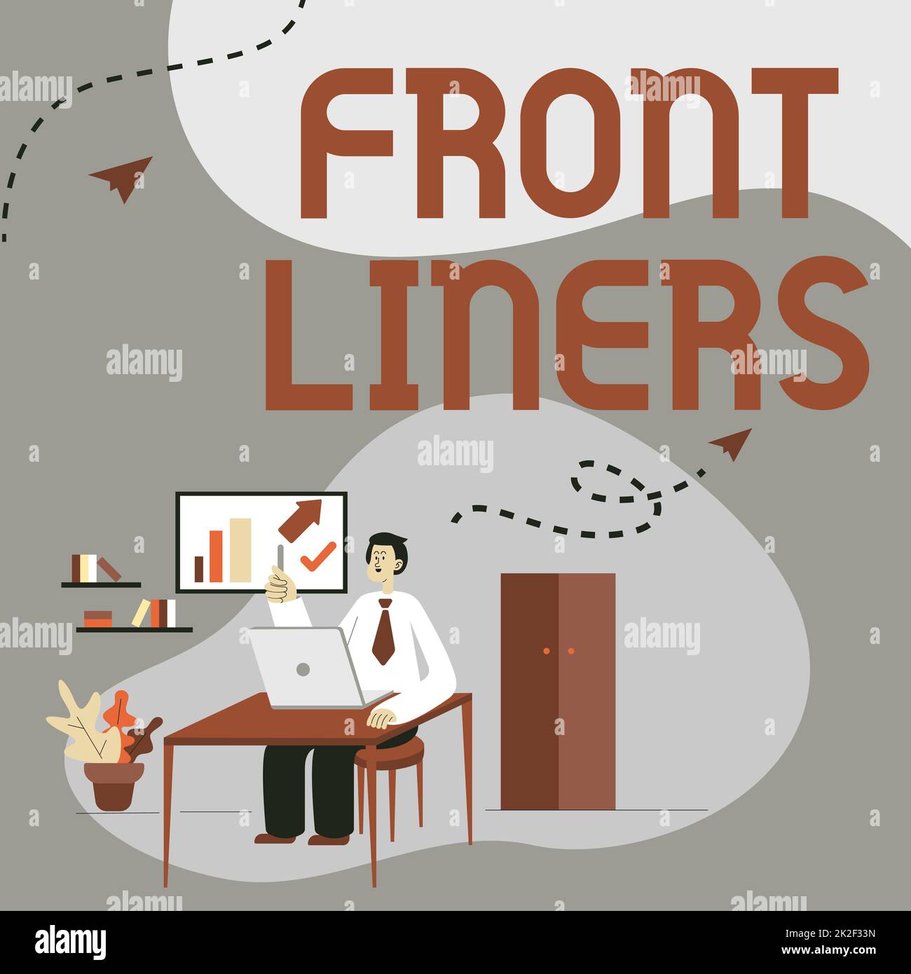 Légende conceptuelle Frontliners. Concept d'affaires position la plus importante ou la plus influente dans un débat ou un mouvement. Homme assis sur le bureau travaillant et présentant les nouvelles technologies. Banque D'Images