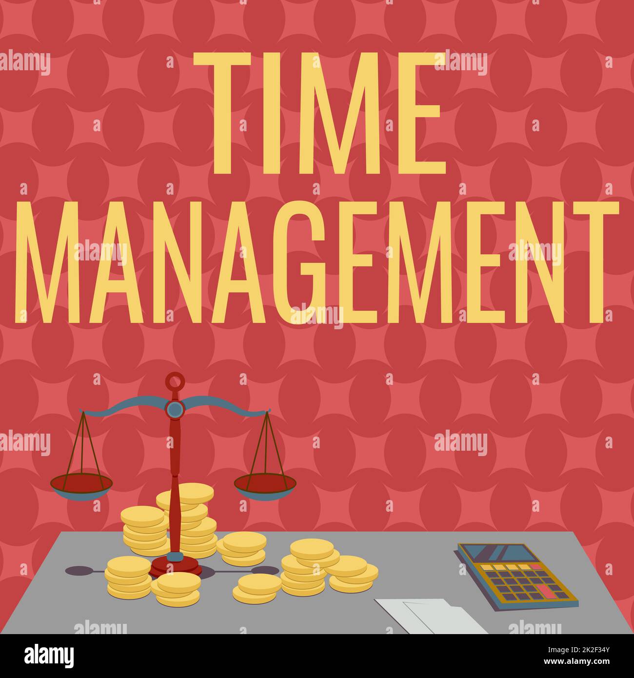 Gestion du temps du texte d'écriture manuscrite. Calendrier prévu pour l'efficacité des tâches respect des échéances Balance Balance entouré de pièces Calculatrice comptage des prêts hypothécaires financiers. Banque D'Images