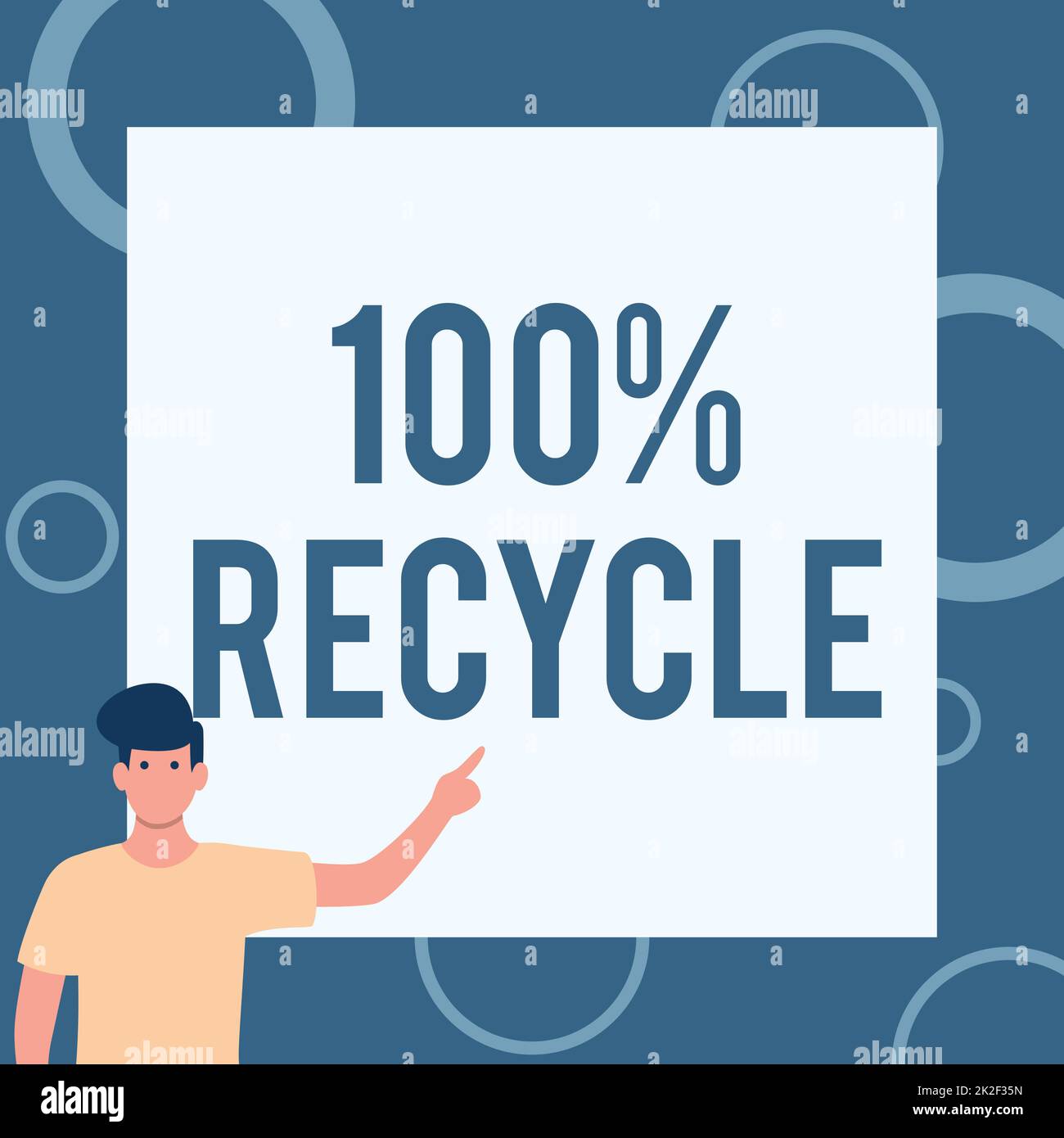 Légende conceptuelle 100 % recyclage. Mot pour contient 100 pour cent de matériel de récupération post-consommateur gentleman dessin debout pointant le doigt dans blanc blanc blanc blanc. Banque D'Images