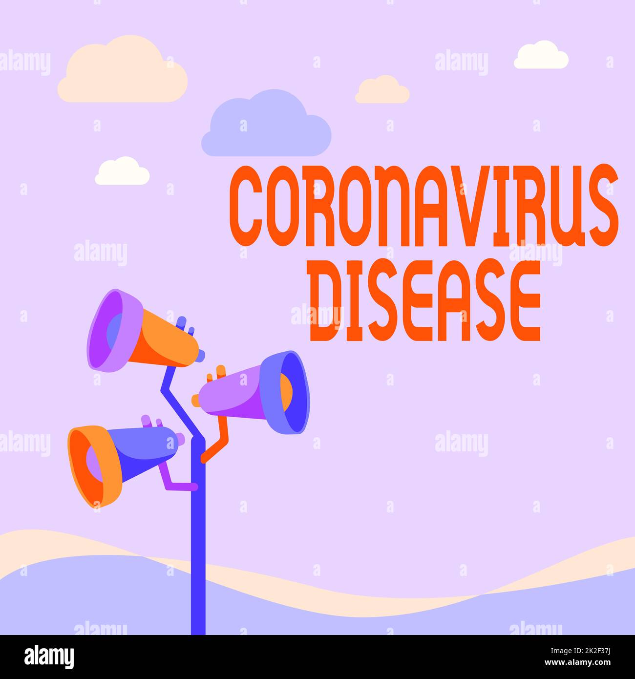 Affiche indiquant la maladie du coronavirus. Approche commerciale définie comme une maladie causée par un nouveau virus SARSCoV2 pôles mégaphones dessin faire une annonce à un espace ouvert. Banque D'Images