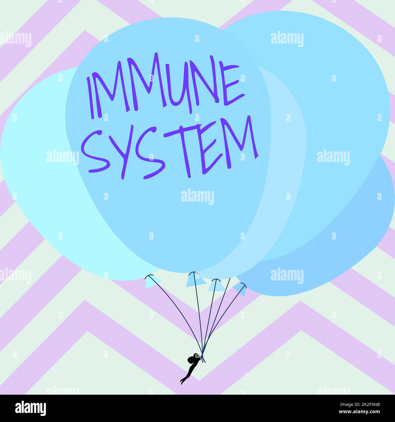 Affichage conceptuel système immunitaire. Concept d'affaires système de défense hôte comprenant de nombreuses structures biologiques Homme tenant des ballons colorés dessin volant autour de l'arrière-plan rayé. Banque D'Images