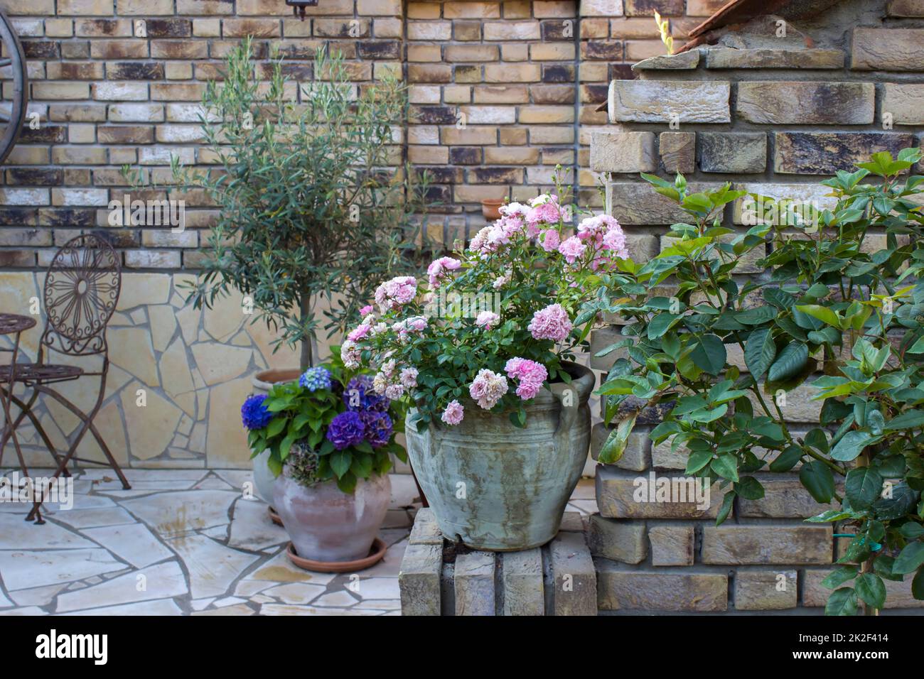 bel endroit dans le jardin dans le style méditerranéen, pots avec fleurs Banque D'Images
