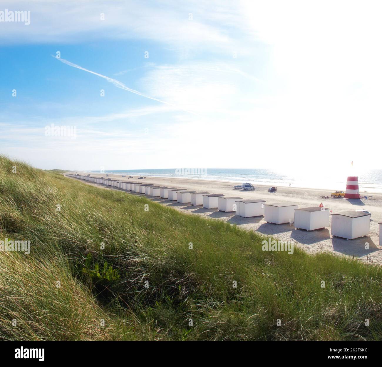 A photo of beach houses - the beach of Jutland, Denmark. Longest beach in the world Banque D'Images