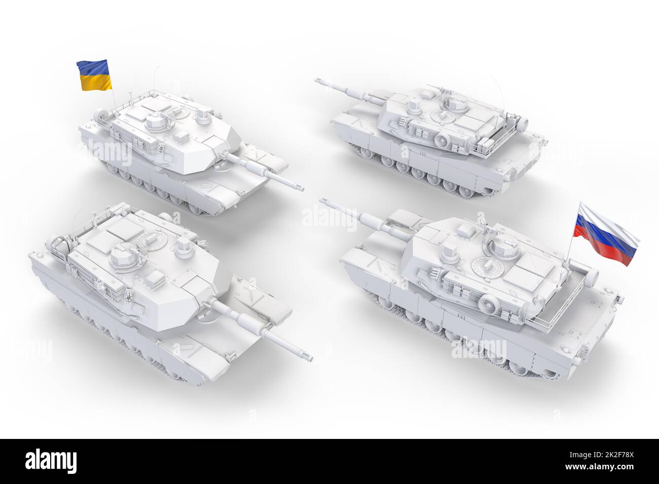 Tanks russes contre Ukrainien. Conflit d'agression militaire. 3D rendu Banque D'Images