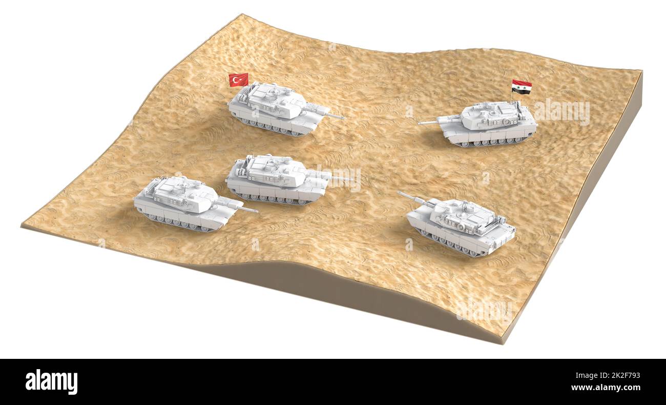 Chars turcs et syriens dans un désert. Concept de conflit au Moyen-Orient. 3D rendu Banque D'Images