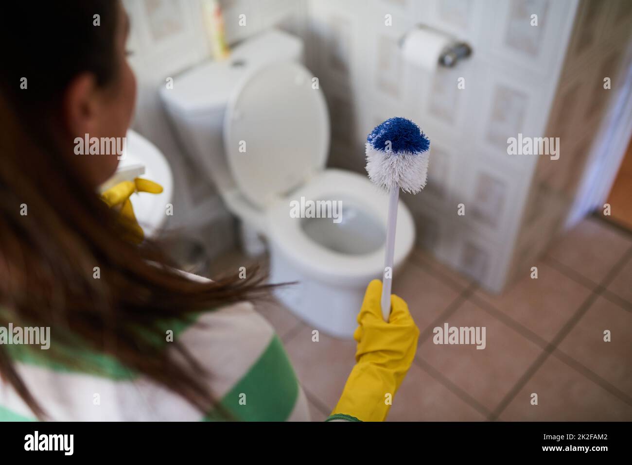 Nettoyage Des Toilettes, Hygiène, Propreté Dans La Salle De Bain. Femme  Lavant Le Polissage De La Cuvette Des Toilettes Avec Un Chiffon En  Microfibre