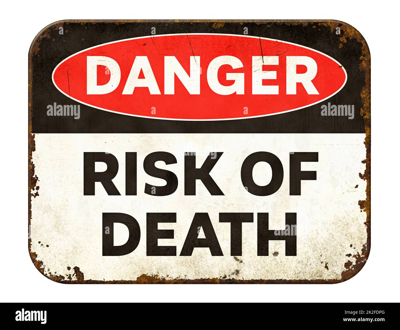 Panneau de danger d'étain vintage sur fond blanc - risque de mort Banque D'Images