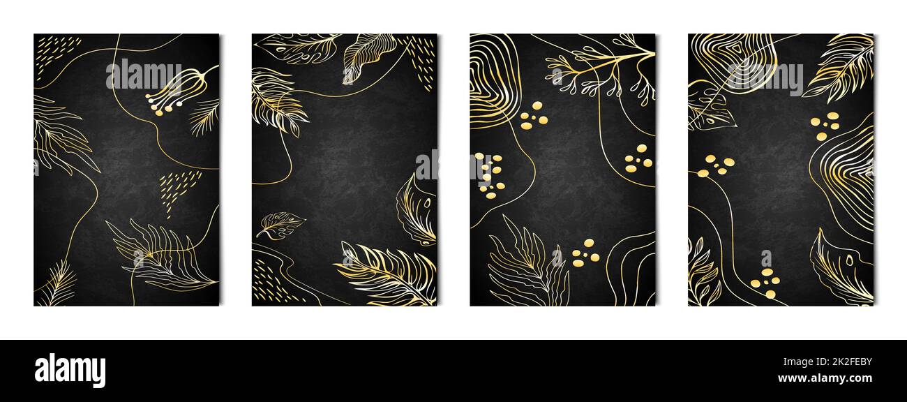 Jeu de 4 pièces Arrière-plans artistiques abstraits noirs avec texture de lignes d'or pour la publicité, les cartes de visite et les bannières - Vector Banque D'Images