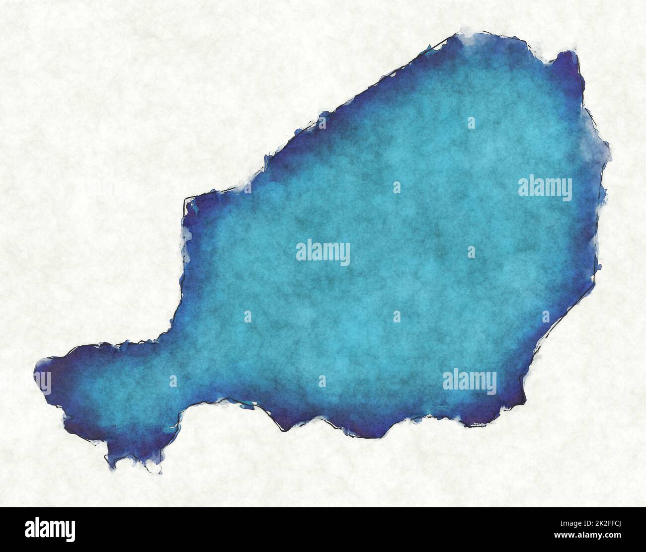 Carte du Niger avec lignes dessinées et illustration bleu aquarelle Banque D'Images