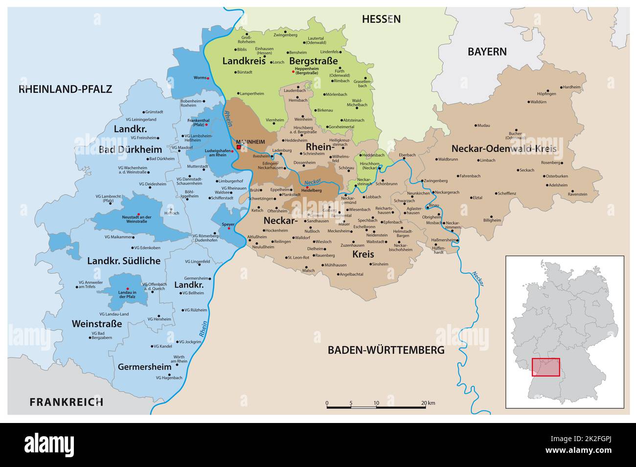 Carte vectorielle de la région métropolitaine de Rhein Neckar, Allemagne Banque D'Images