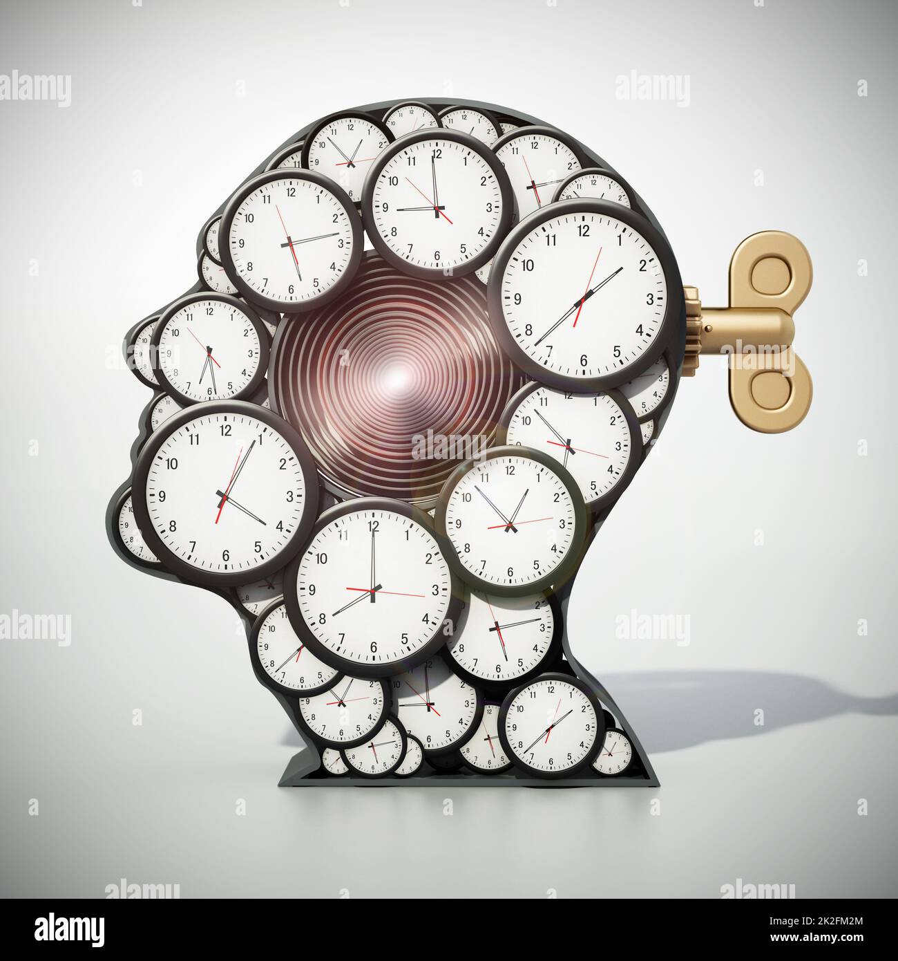 Groupe d'horloges formant une forme de tête. 3D illustration Banque D'Images