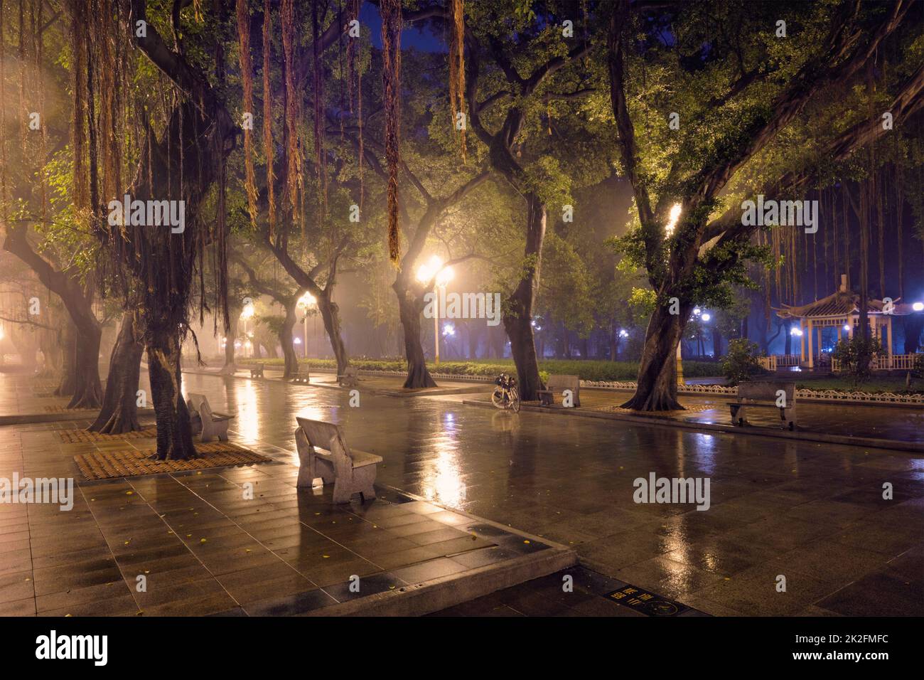 Shanghai People's Park avec du brouillard dans la nuit, Chine Banque D'Images