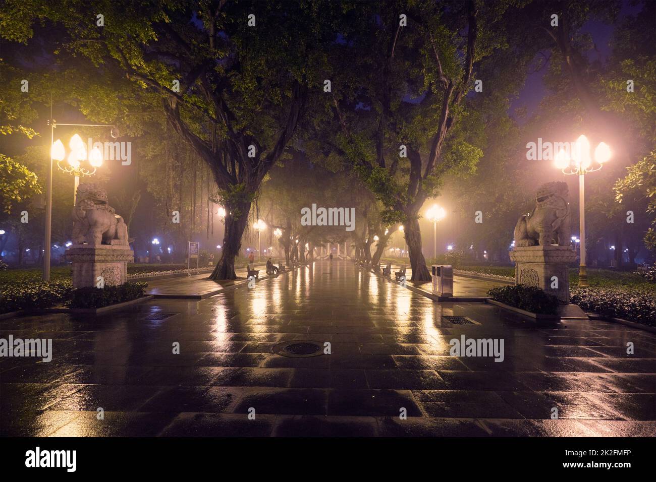 Shanghai People's Park avec du brouillard dans la nuit, Chine Banque D'Images