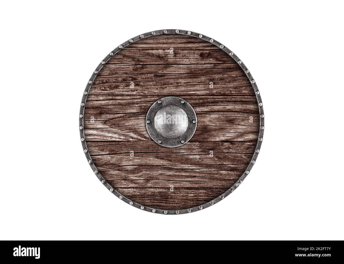 Ancien bouclier rond en bois isolé sur fond blanc Banque D'Images