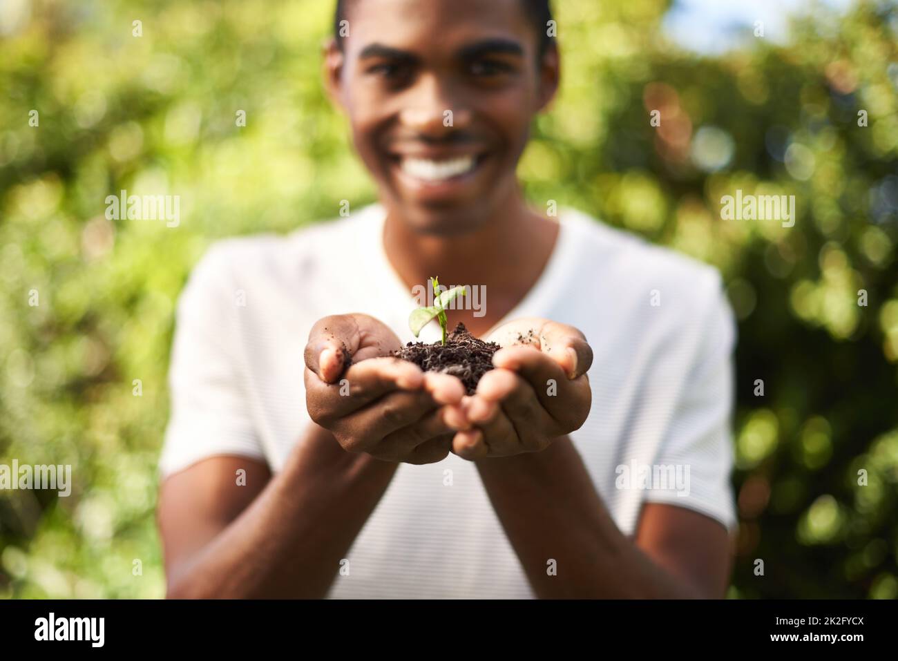 HES a eu une passion pour le jardinage. Un beau jeune homme tenant une plante en pleine croissance dans ses mains. Banque D'Images