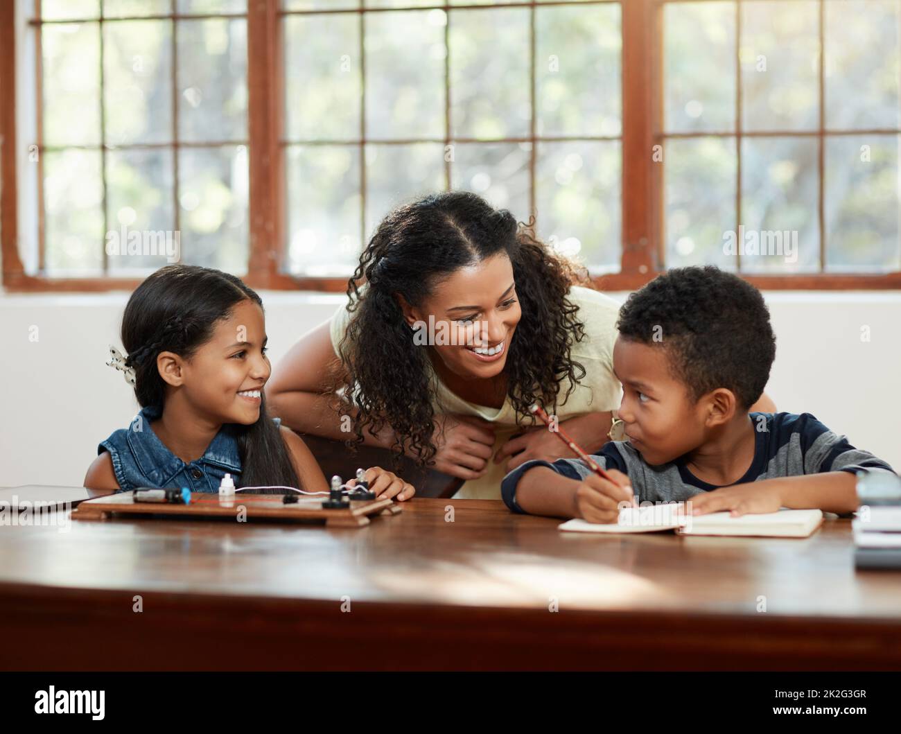 Comment allez-vous ? Photo courte d'une jeune mère attrayante aidant ses enfants à faire leurs devoirs. Banque D'Images